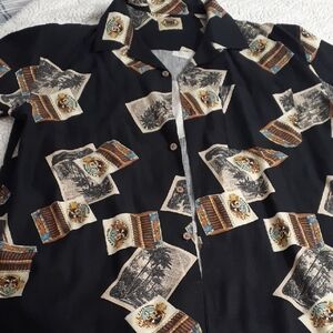 Men's Black Cigar Graphic Casual Button Down Shirt Short Sleeve L